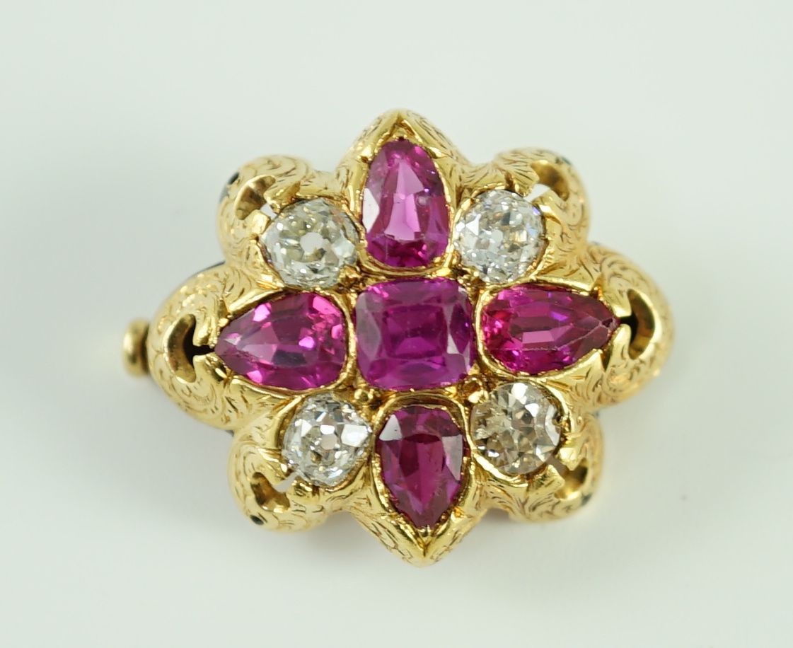 An early 20th century gold, four stone ruby and four stone diamond set brooch (adapted)